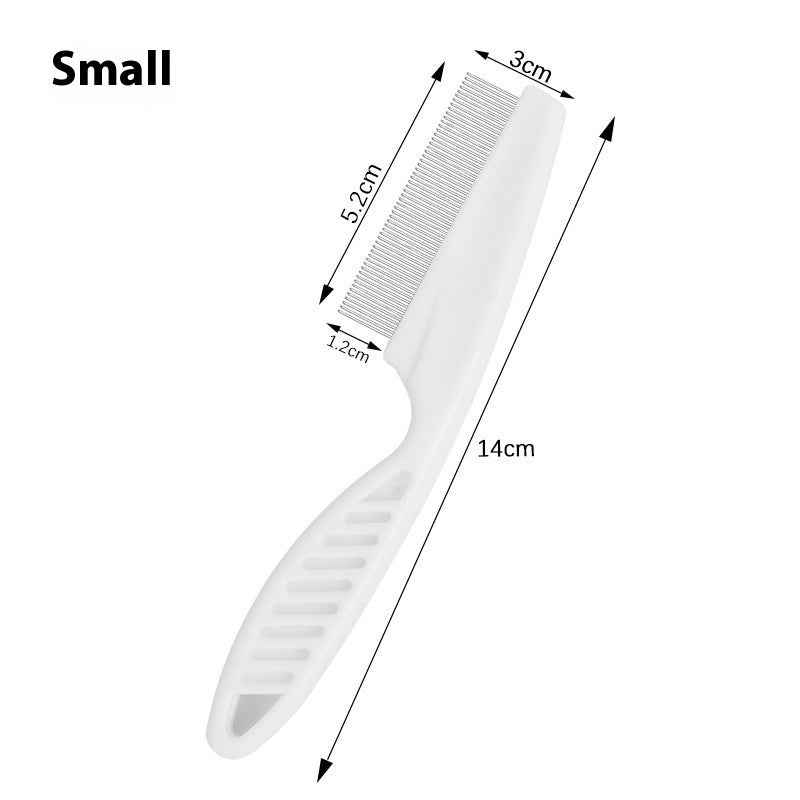 Small pet self-cleaning comb brush, white body with dense steel pin head (size diagram)