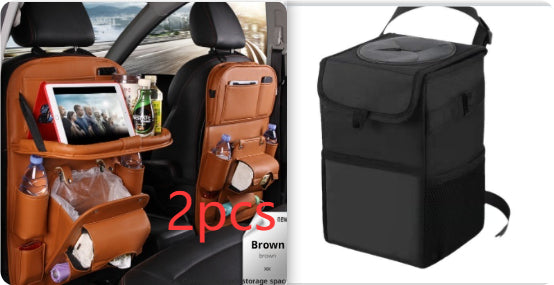 Brown PU leather seat-back storage bag with lid and top handle