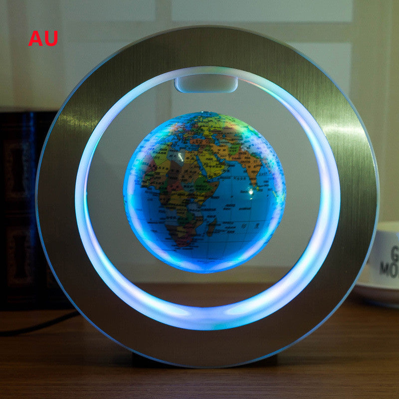 LED floating world map globe with bright blue glow, circular light ring and base
