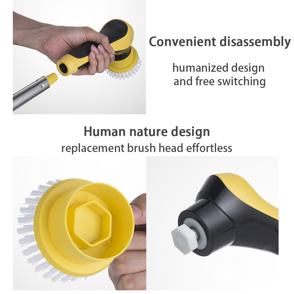 Electric cleaning brush showing detachable bristle head and connector, yellow and black