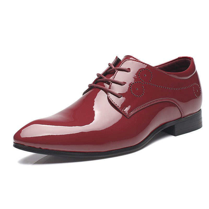 Men’s leather dress shoes in burgundy red, glossy finish, lace-up front view