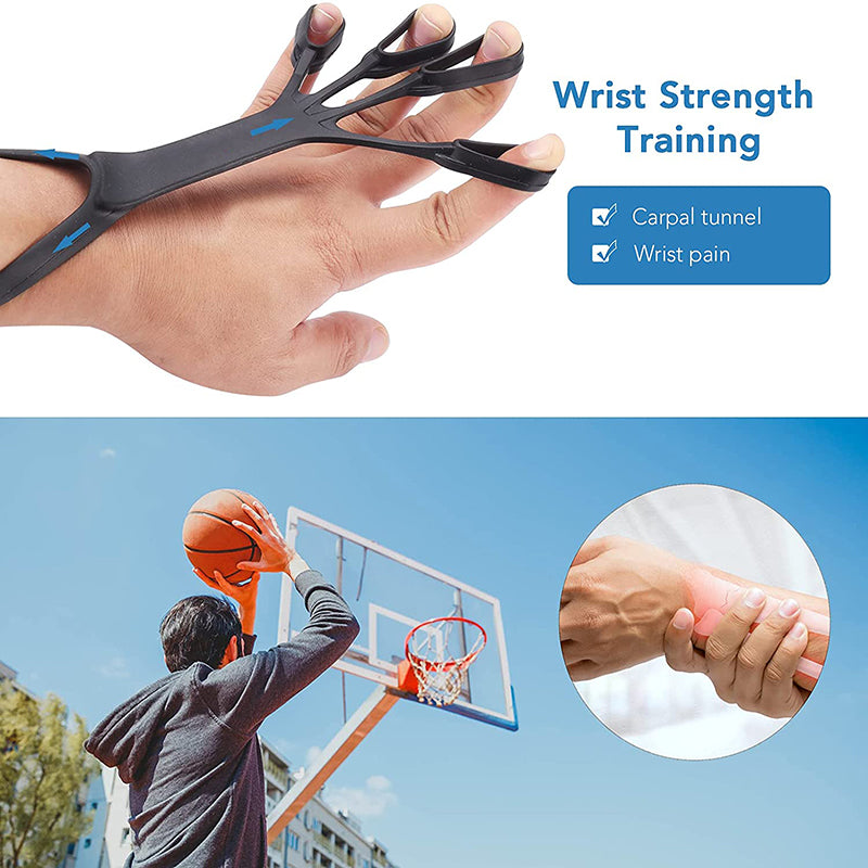 Finger stretcher device on hand with black loop band for wrist strength training
