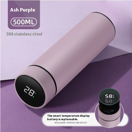 Ash purple insulated bottle with round smart temperature display and black end cap