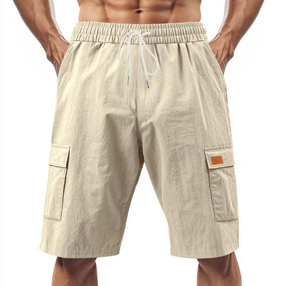 Light beige linen drawstring cargo shorts with elastic waistband and side cargo pockets