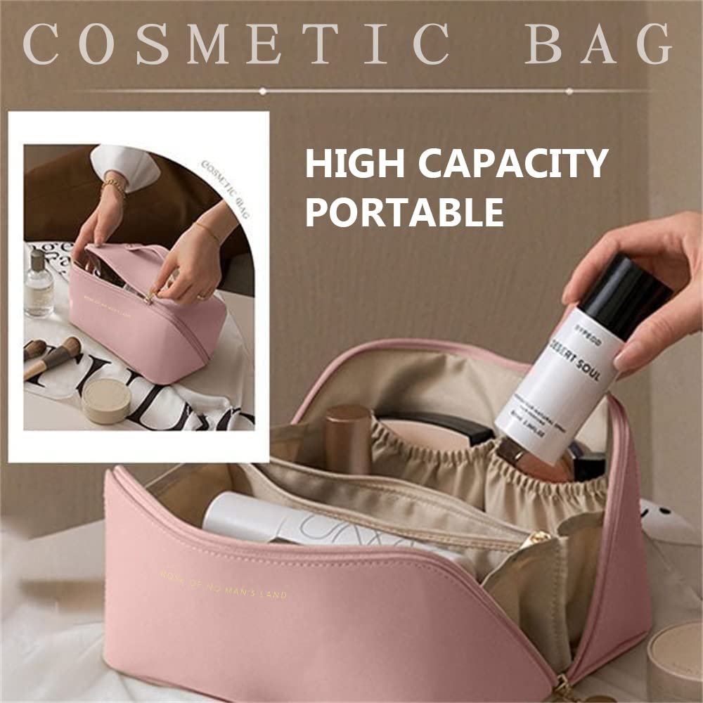 Pink travel cosmetic bag with front zip compartment and open organizer layout