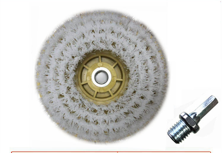 Electric drill cleaning brush head with yellow hub and light gray scrubbing pad