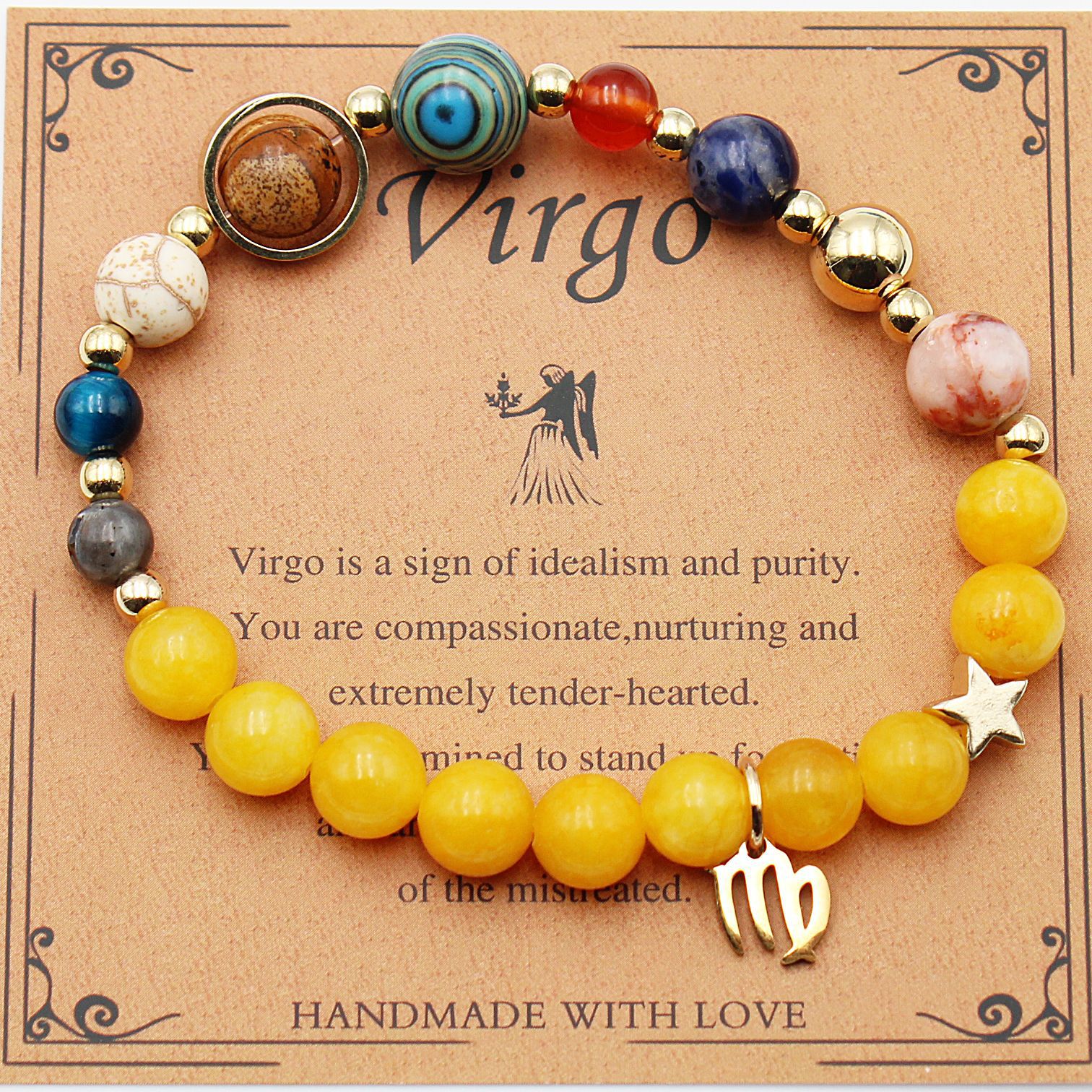 Virgo zodiac beaded bracelet with yellow beads, multicolor beads, and gold Virgo charm