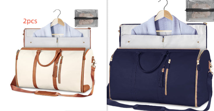 White and tan travel duffle bag with hanging garment organizer and zip pockets, shoulder strap