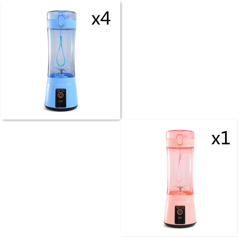 Portable electric fruit juicer blender, blue transparent cup and black base.