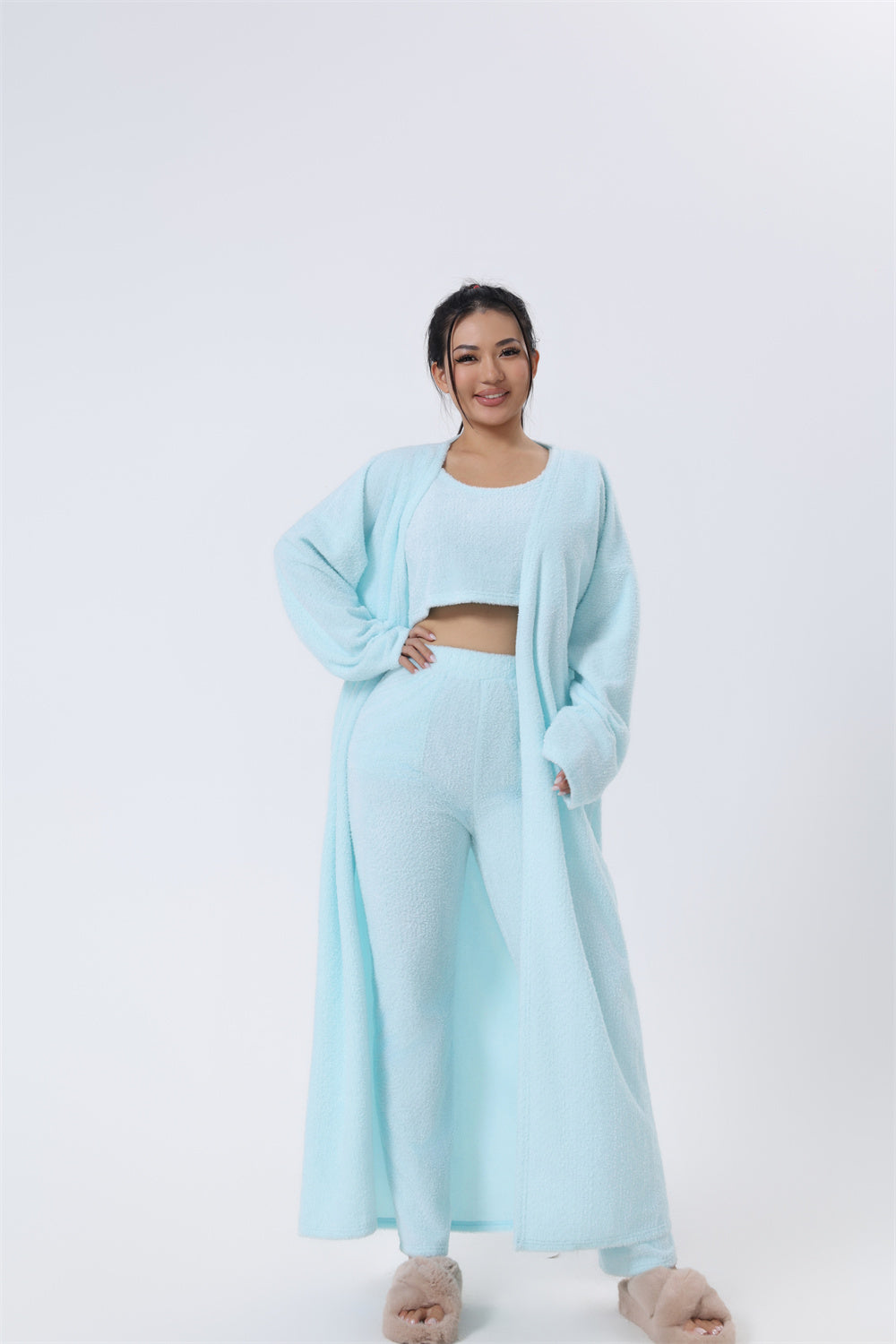 Light blue 3-piece pajama set with long cardigan, cropped top and matching pants