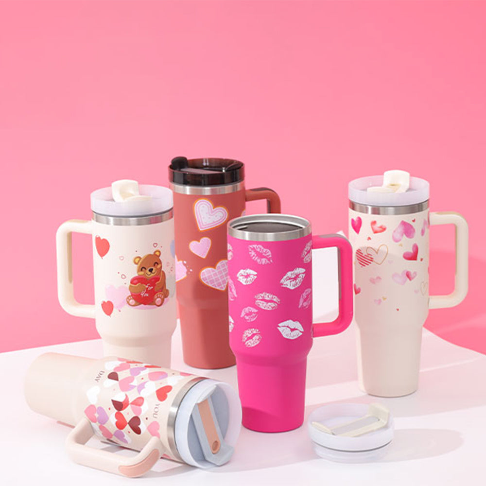 Insulated 40 oz tumblers set with handles, lids, and straws; pink and white heart designs