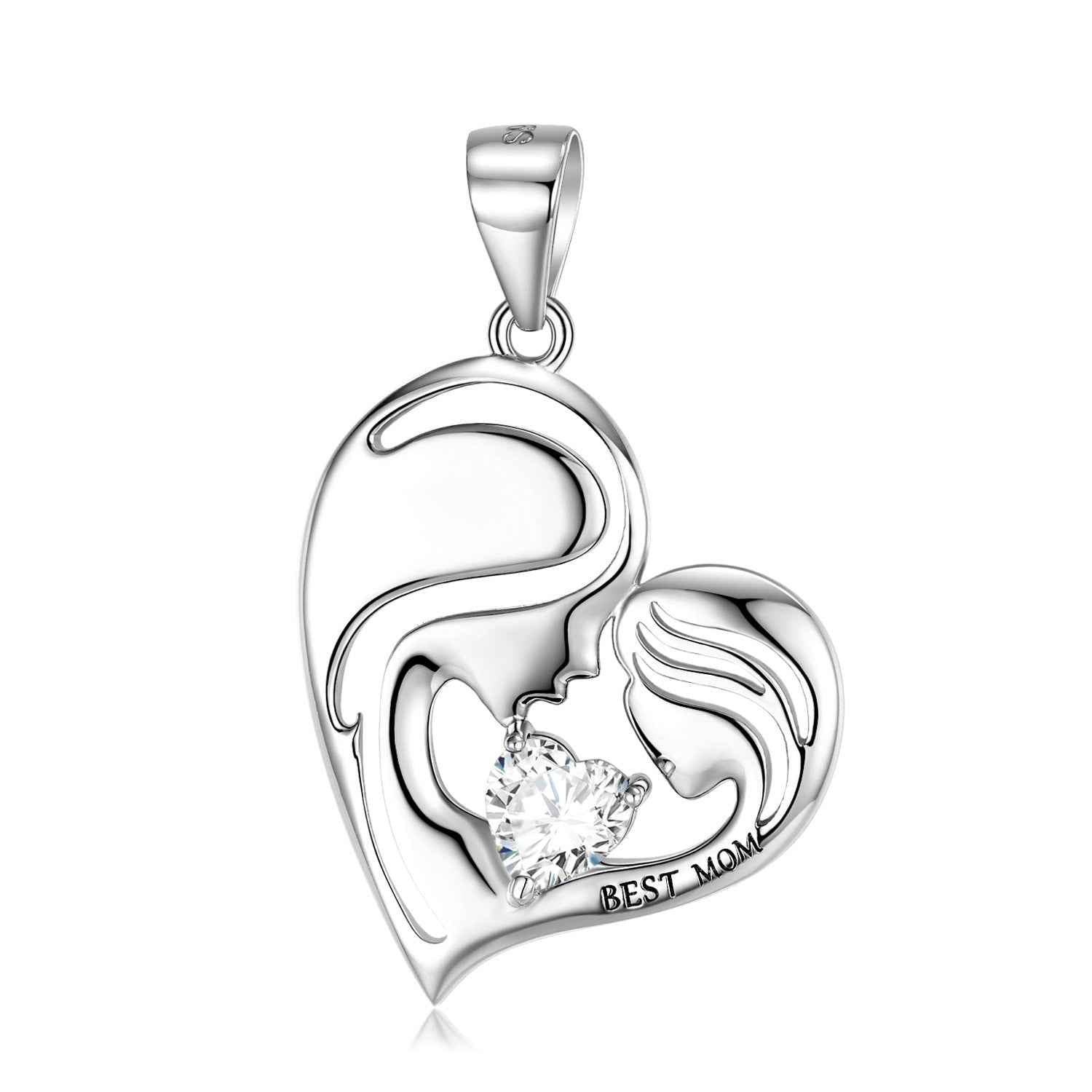 S925 sterling silver heart pendant necklace with clear heart gemstone and Best Mom engraving