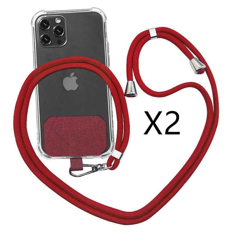 Cell phone strap lanyard with red soft rope and metal clamps, shown with phone case