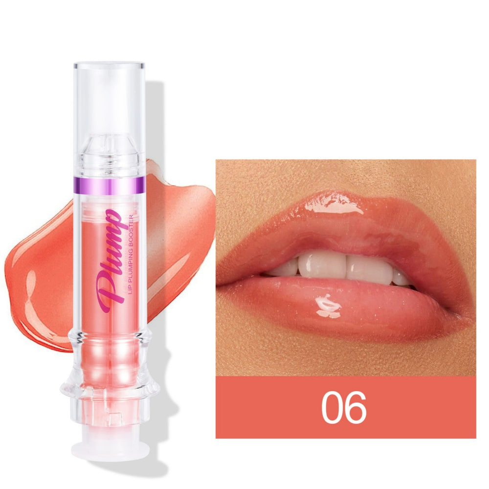 Lip plumping booster lip gloss tube with applicator and lip swatch, shade 06