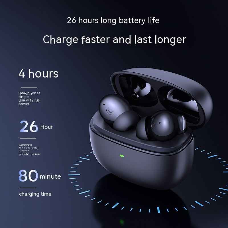 Black wireless in-ear headphones in a charging case with indicator lights