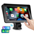 Portable car stereo touchscreen with colorful app icons; finger touching the display