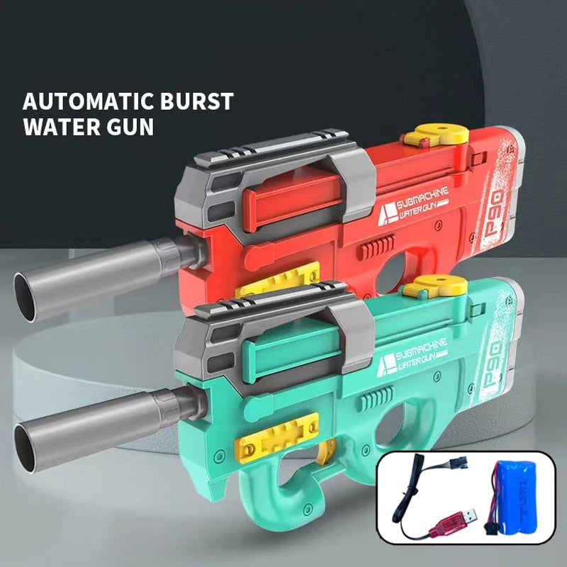 Automatic burst water gun set: red and teal with gray barrels, shown with battery accessories.