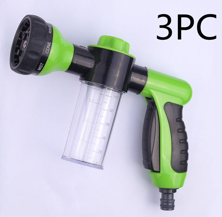 Foam spray gun with clear bottle, green handle, round nozzle head, 3-piece set.
