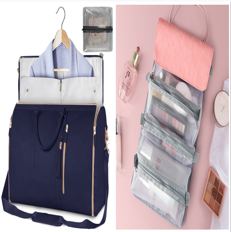 Travel duffle bag with zip compartments and hanging suit organizer, blue bag with pink pouch