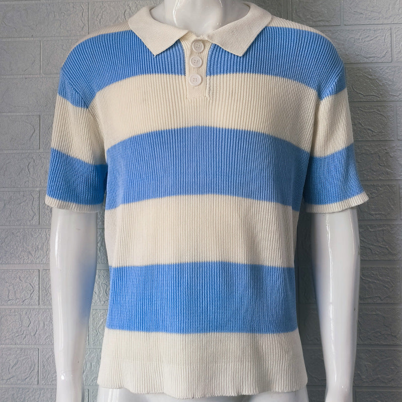 Men's short-sleeve striped polo knit sweater in blue and cream with button placket