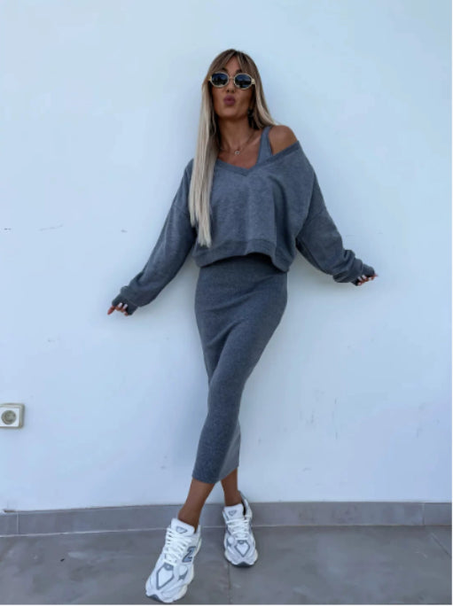 Women’s two-piece set: dark gray long-sleeve V-neck top and midi dress