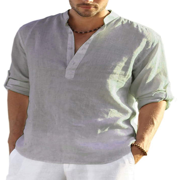 Men's cotton-linen short-sleeve shirt, grey, stand collar with button placket