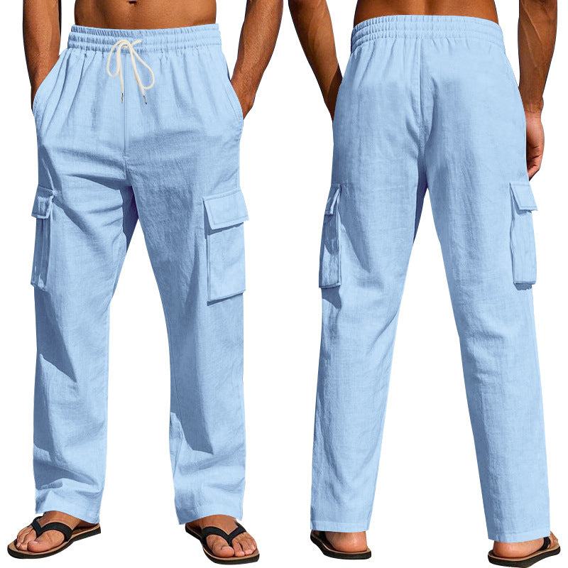 Light blue linen cargo pants with elastic drawstring waist and flap side pockets