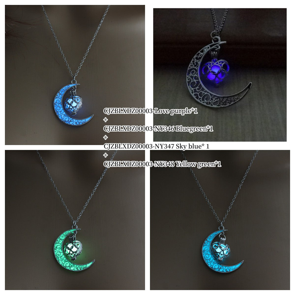 Glowing moon pendant necklaces on silver chains shown in multiple colors