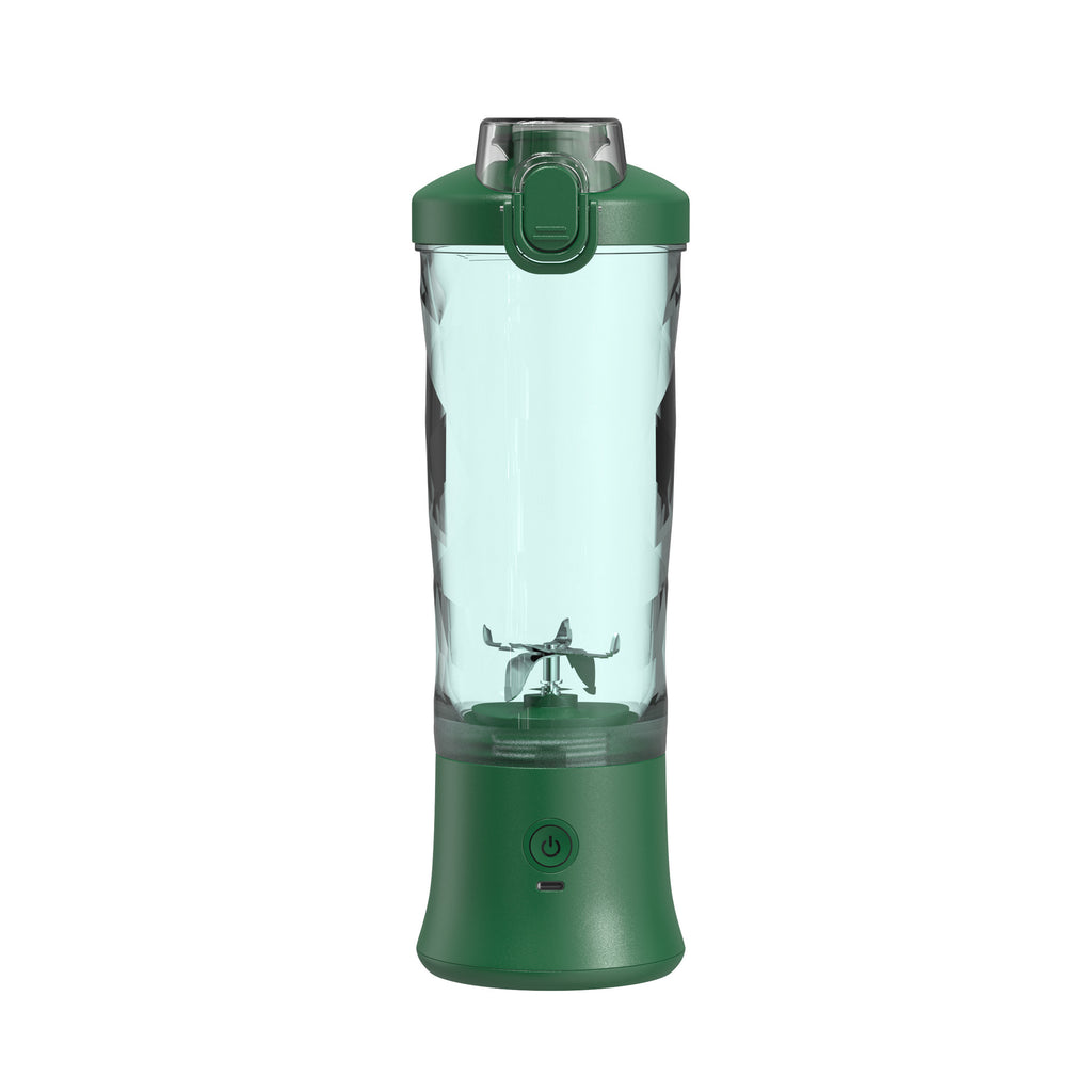 Portable blender juicer, clear cup with dark green base and dark green lid