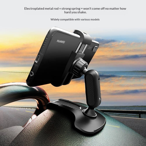 Car dashboard clip phone holder with spring clamp, black metal arm and base.